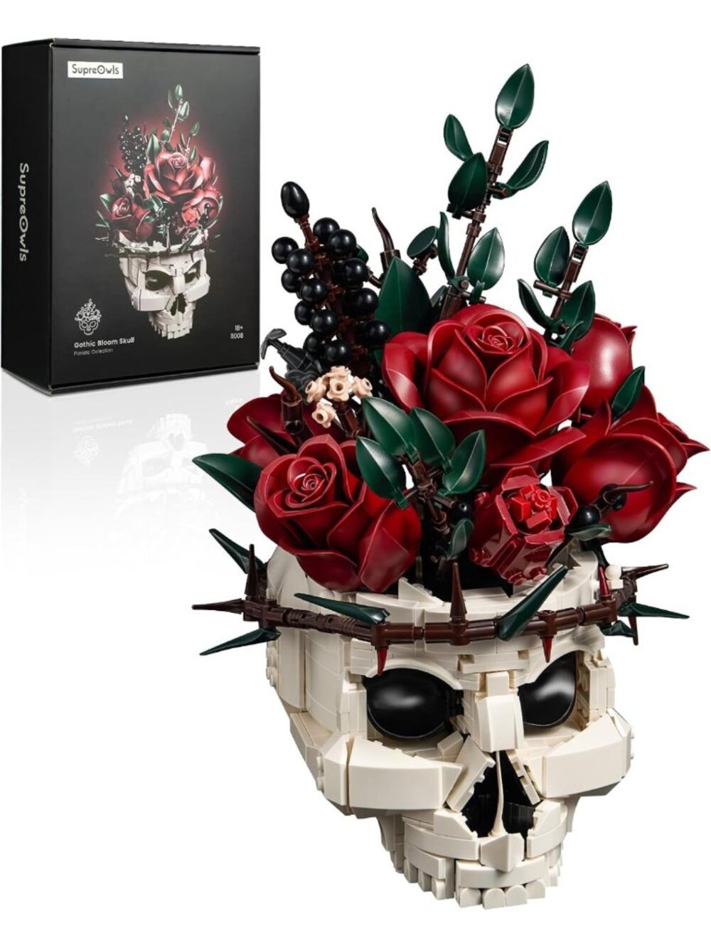 Gothic Skull Roses Flower Bouquet Building Set | Botanical Decor Kit for Home